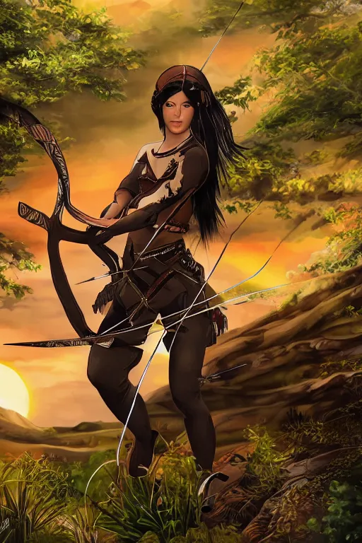 Image similar to female archer with leafy black hair crouching on sunset forest. high detail