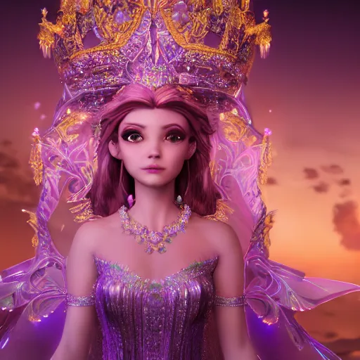 Prompt: portrait of princess of amethyst, glowing, ornate and intricate jewelry, jaw dropping beauty, glowing background lighting, white accent lighting, hyper detailed, fairy tale, 4 k octane render