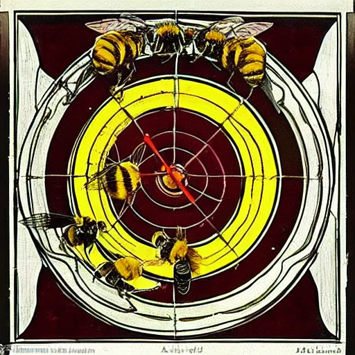 Prompt: a bloody spiritual ritual spell with a bumblebee at the middle of a bullseye of salt, art nouveau