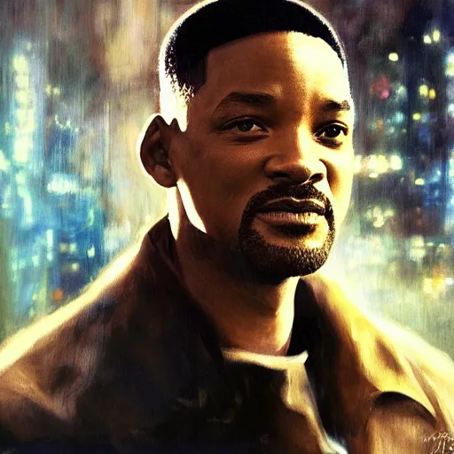 Image similar to will smith, hyperrealistic portrait, bladerunner street, art of elysium by jeremy mann and alphonse mucha, fantasy art, photo realistic, dynamic lighting, artstation, poster, volumetric lighting, very detailed face, 4 k, award winning