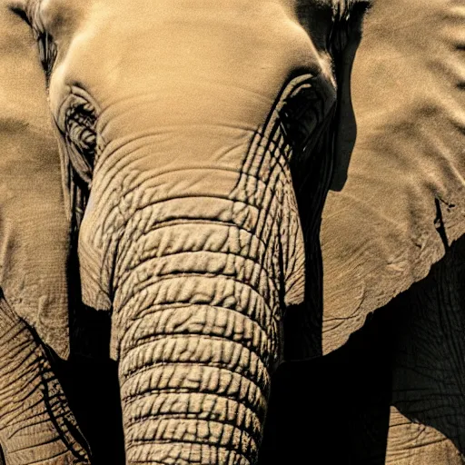 Prompt: a detailed, close - up photograph of an elephant with tiger skin