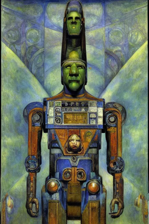 Image similar to the robot in his regalia, by Annie Swynnerton and Diego Rivera and Elihu Vedder, symbolist, dramatic lighting, elaborate geometric ornament, Art Brut, soft blues and greens,smooth, sharp focus, extremely detailed, Adolf Wölfli, octane render