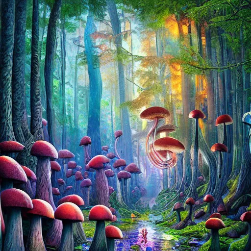 Prompt: lush ridge mushroom cryengine render depth of field fantasy hyper realism cinematic by lisa frank, antoni gaudi, john howe, alex grey, tristan eaton, john stephens, andreas rocha, leonid afremov
