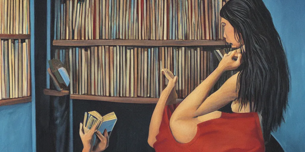 Image similar to surreal painting of a woman getting into a book