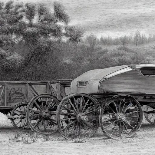 Prompt: a monochromatic sepia photograph of a delorean traveling in a group of covered wagons, trending on art station,