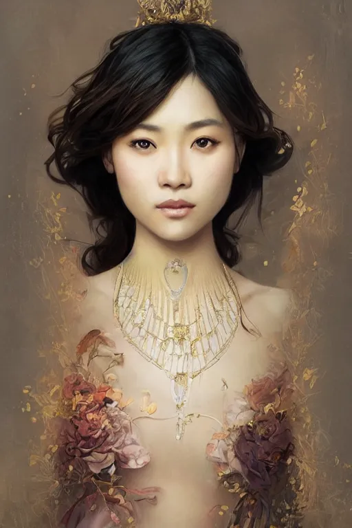 Prompt: semi-realistic portrait of an asian princess, face, thin, fantasy, intricate, elegant, digital painting, artstation, concept art, smooth, sharp focus, illustration, art by artgerm and greg rutkowski and alphonse mucha