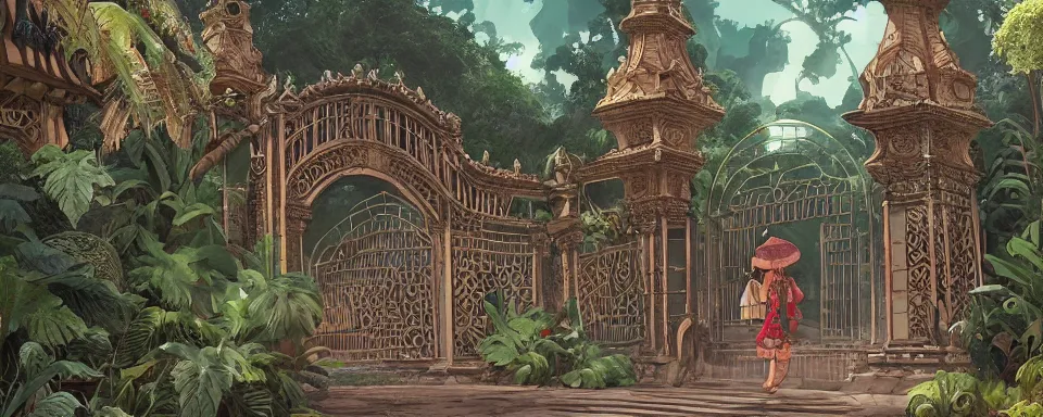 Prompt: a beautiful detailed architectural art of ancient ornamental gate in the middle of tropical jungle by ghibli, by greg tocchini, by james gilleard, by joe gb fenton, by kaethe butcher, dynamic lighting, vibrant, clean, grunge aesthetic, octane render, trending on artstation