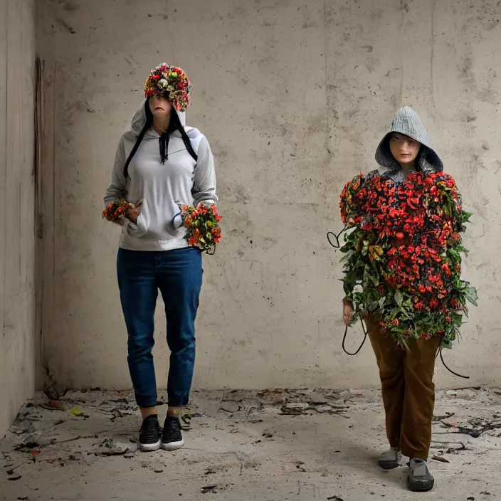 Prompt: a woman wearing a hood made of wire and zinnias, in an abandoned office building, canon eos c 3 0 0, ƒ 1. 8, 3 5 mm, 8 k, medium - format print