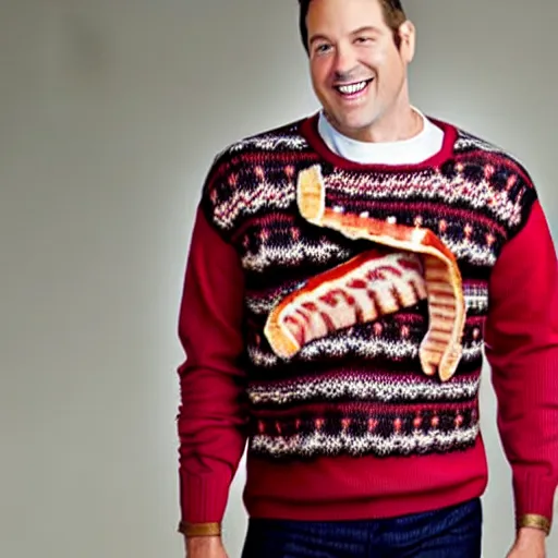 Prompt: model wearing a sweater of bacon weave, product photo, jc penny catalog