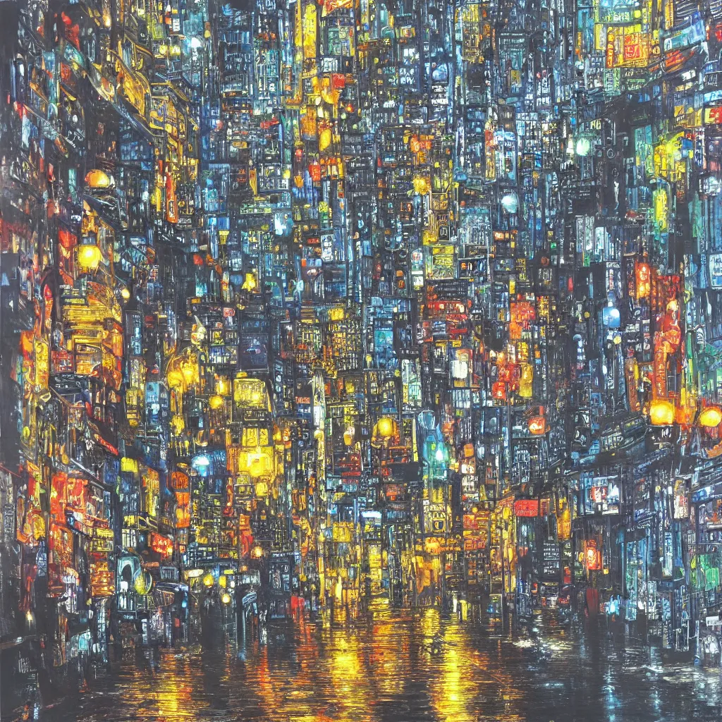 Image similar to brightly illuminated city street on a rainy day, acrylic and silver leaf on canvas, very beautiful, extremely detailed, stunning masterpiece by a very talented artist