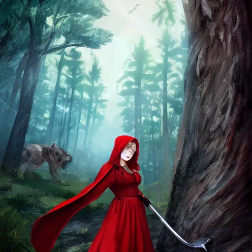 Prompt: little red riding hood with a scar on her face and sword battling a giant wolf in a dark forest, dark, 4k, artstation, highly rendered, beautiful, high resolution,