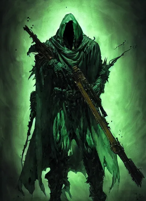 Image similar to Reaper, rotting commander of the undead in soiled green hooded robe. In style of Yoji Shinkawa and Hyung-tae Kim, trending on ArtStation, dark fantasy, great composition, concept art, highly detailed, dynamic pose.