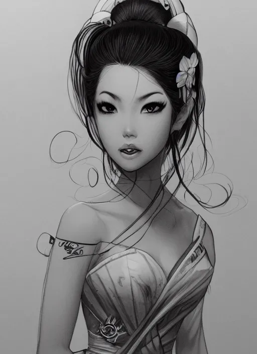 Image similar to a detailed hand drawn sketch of a stunning geisha princess, artgerm, NeoArtCorE, artstation