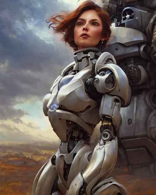 Image similar to daniel gerhartz and artgerm portrait digital rococo painting of a beautiful serious woman wearing a mecha suit, war torn battlefield in the background, glinting sunlight, unreal engine, hyper realism, realistic shading, cinematic composition, blender render, octane render, hdr, detailed textures, photorealistic, wide portrait shot, 3 5 mm film