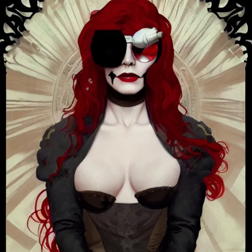 Prompt: DND character, portait of a woman with short red hair wearing white skull facepaint and sunglasses and a black cloak, video game art, trending on artstation, Gerald Brom, Alphonse Mucha