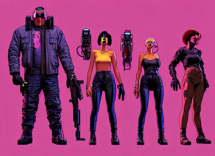 Image similar to cyberpunk heist crew. portrait by stonehouse and mœbius and will eisner and gil elvgren and pixar. character design. realistic proportions. cyberpunk 2 0 7 7 character art, blade runner 2 0 4 9 concept art. cel shading. attractive face. thick lines. the team. diverse characters. artstationhq.