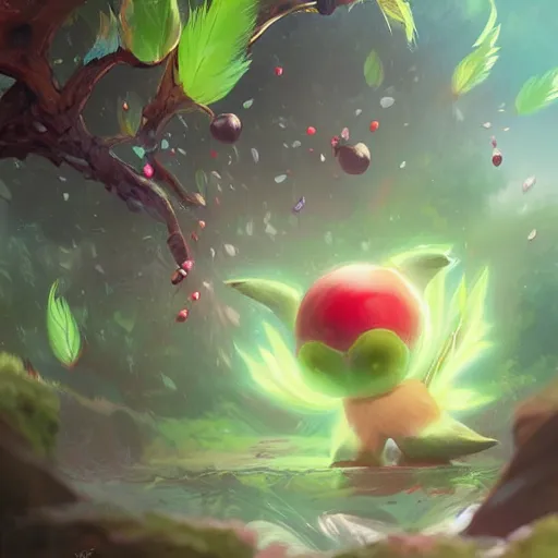 Prompt: a cute berry type pokemon, green feathers bursting out of his hair, highly detailed digital art, 3 d perspective, award - winning illustration, aesthetic, smooth, pokemon style, made by greg rutkowski, in an alien landscape