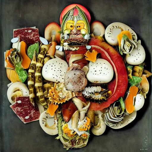 Prompt: a amazing new surrealist hybrid of a pope salad by giuseppe arcimboldo and kandinskali and catrin welz - stein, melting cheese, steamed buns, grilled artichoke, sliced banana, the pope, salami, milk duds, licorice allsort filling