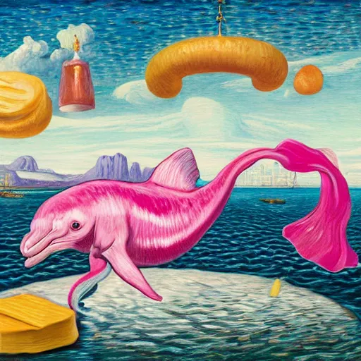 Image similar to a highly detailed oil painting of a pink dolphin ruling a cheese kingdom where everything is made from different types of cheese, surreal, 4 k, trending on art station, in the style of caravaggio, comic book style, van gogh