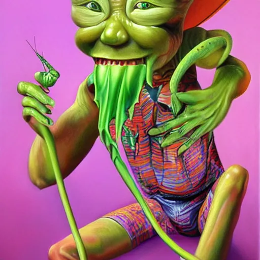 Prompt: beautiful lifelike painting of praying mantis garbage pail kid, hyperreal detailed facial features and uv lighting, art by ed roth and basil wolverton