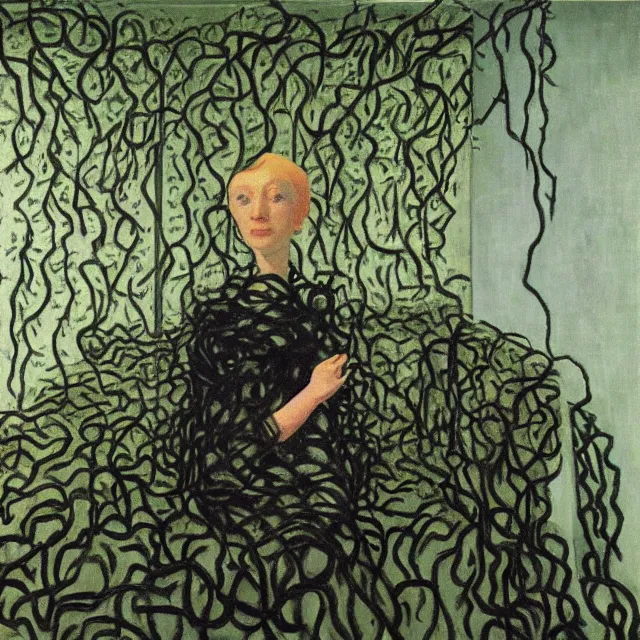 Image similar to a pathology student in her apartment, wrapped in vines, large stones, pig, black walls, black armchair, puddles, moss, acrylic on canvas, surrealist, by magritte and monet