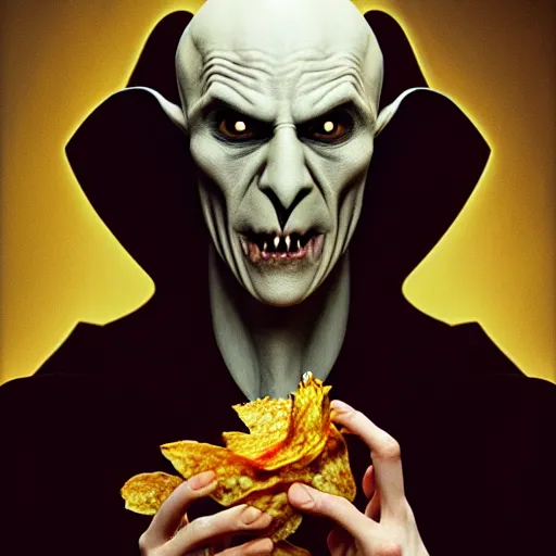 Prompt: nosferatu!!! eating!!! a bag of chips!!, model pose, ultra realistic, concept art, intricate details, highly detailed, photorealistic, octane render, 8 k, unreal engine octane render art by artgerm and greg rutkowski and alphonse mucha