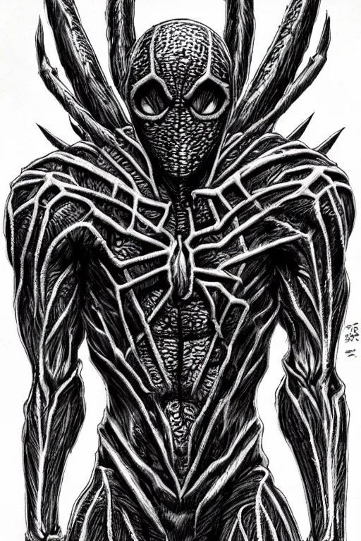Prompt: spider humanoid figure monster, symmetrical, highly detailed, digital art, sharp focus, trending on art station, kentaro miura manga art style