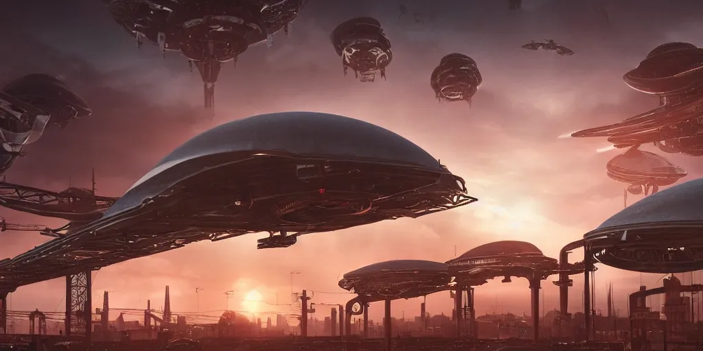 Prompt: alien spacecraft hovering over busy space port surrounded by alien robots, steel archways, industrial buildings, rusty metal towers, sun setting, cinematic lighting, digital painting, octane render