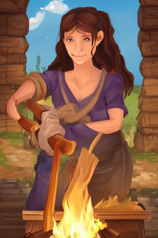 Prompt: a portrait of a young beautiful gorgeous female blacksmith with a story like this, After taking over her great blacksmithing teacher's forge, she felt a lack of excitement in her life. So, she decided to be free and depart on a journey to find rare smithing materials, one of which was rumored to be under the building of a certain idol group in town. 8k, super detailed, cinematik, artstaion