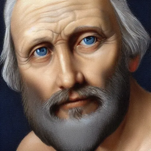 Prompt: A hyper realistic portrait of a man in his 40s, grey hair reaching to the shoulders, beard, blue eyes, scarred face, by michelangelo