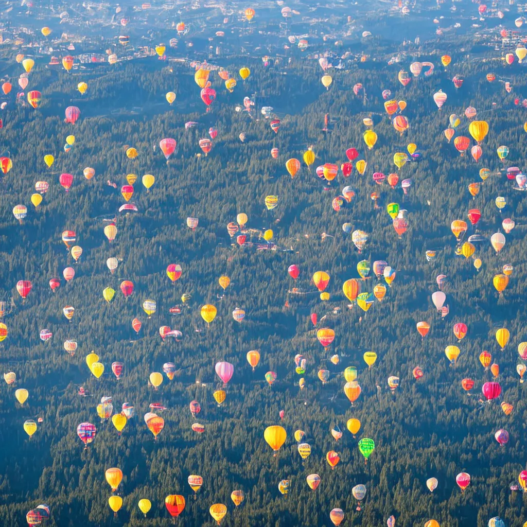 Image similar to sky parade of colorful zeppelins and balloons flying over swirling dolomites, birds eye view, casting shadows, light rays