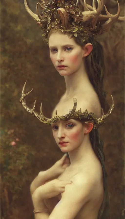 Prompt: a portrait of a beautiful elven princess with laurel crown and deer horns, overcast lighting, highly detailed, sharp focus, gritty texture, by Vladimir Lukich Borovikovsky