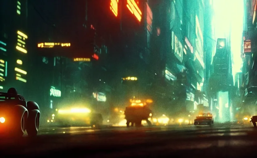 Image similar to car chase though an overgrown destroyed city, epic composition, beautiful lighting, hdr, artistic, cinematic design, by blade runner and rick and morty