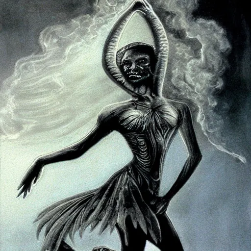 Image similar to a demon ballerina leaving a trail of smoke by h. r. giger