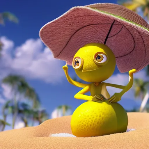 Image similar to 3 d octane render, of a hot anthropomorphic lemon female character inspired by the movie monsters inc, with lemon skin texture, she is wearing a hat, building a sandcastle on the beach at sunset, beach, huge waves, sun, clouds, long violet and green trees, rim light, cinematic photography, professional, sand, sandcastle, volumetric lightening