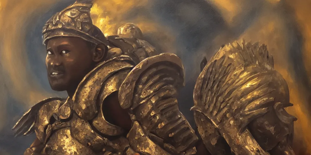 Prompt: a lone male african american angel. In bronze armour. to the very right of the image, wasteland. oil painting. masterpiece.