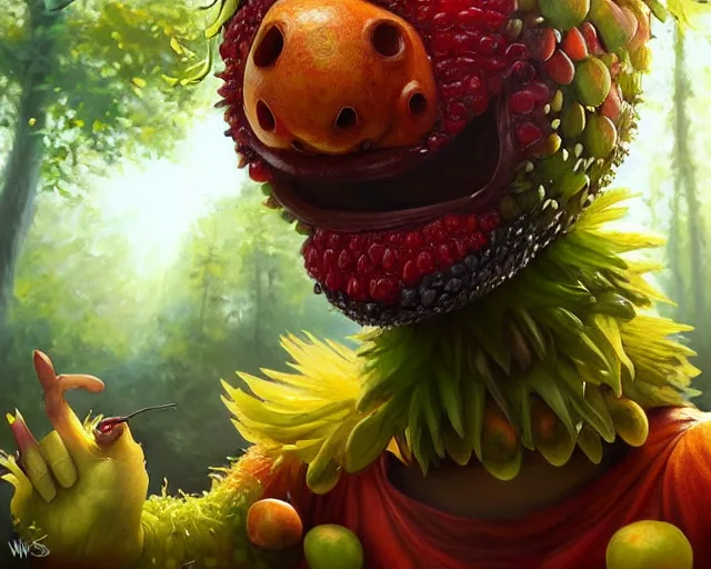 Prompt: a fruit monster made of different fruit, 3 7 1, walking around in forest, detailed mouth, detailed eyes, forest background, trees and flowers, trees in foreground, rays of golden sunlight, oil painting, highly detailed, dramatic lighting, hyperrealistic, smooth, artstation, cgsociety, by artgerm, by wlop