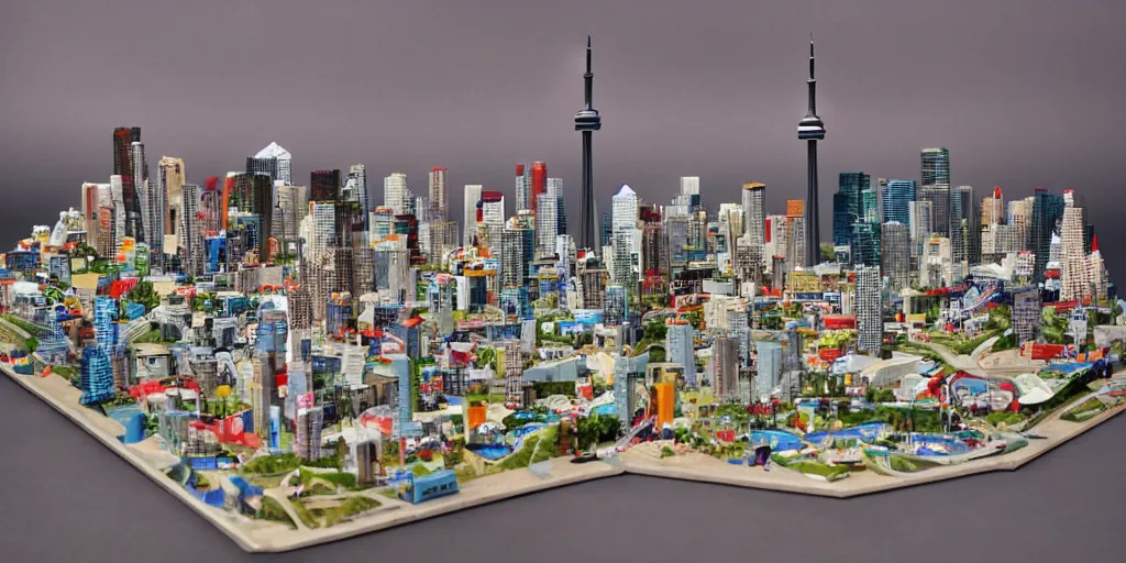 Image similar to a model of toronto, cn tower, skydome, constructed out of fast food cups and packaging, miniature photography, diorama, wide - angle macro lens, art, award - winning, beautiful high resolution