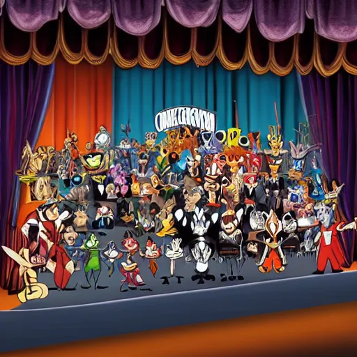 Prompt: Orchestra pit of various Looney Tunes characters playing a concert for a crowd of Marvel villains, realistic, photorealistic, 4k