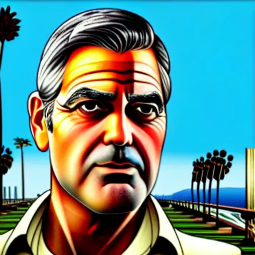 Image similar to george clooney in gta v. los santos in background, palm trees in the art style of stephen bliss