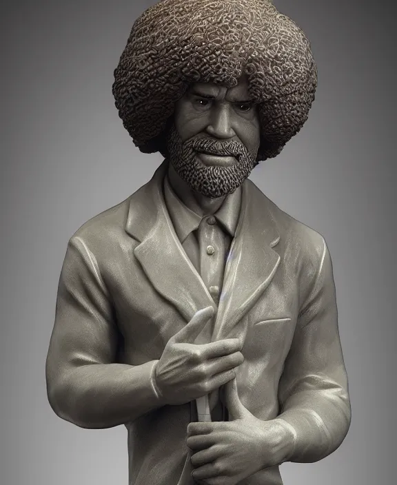 Image similar to a hyper-detailed marble statue of Bob Ross; anatomically correct; an extraordinary masterpiece!!!; flawless; fearful posture; photorealistic eyes; trending on artstation; f/1.4; 90mm