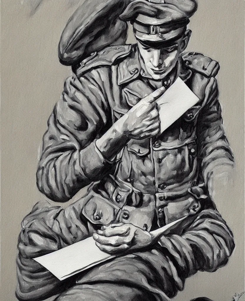 Image similar to a beautiful painting of a soldier's hand writing a letter to home with wwii in background, black and white, painted by escher