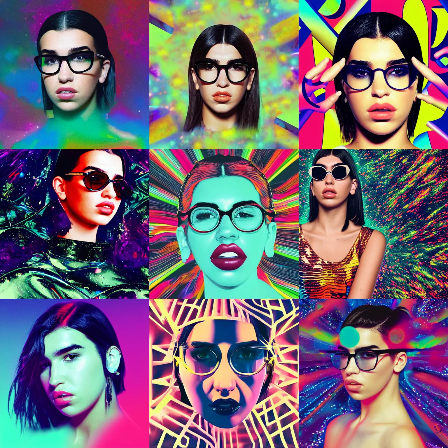 Prompt: A photorealistic portrait of beautiful dua lipa wearing futuristic glasses on an abstract background, album cover design