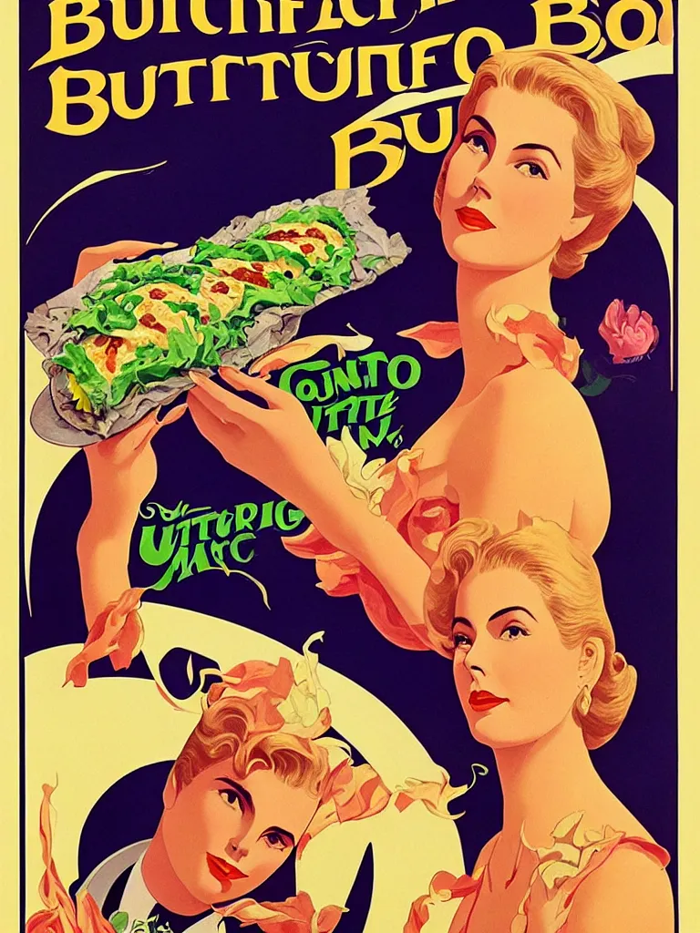 Prompt: Beautiful matte art nouveau advertisement from the distant future for the ultimate everything burrito. Detailed advertisement for a delicious everything burrito by Victor Horta featuring Grace Kelly. This burrito will change your life. Sultry, youthful, extreme beauty. Beautifully detailed poster art advertisement. perfect composition. perfection of burrito form. Extra toppings.