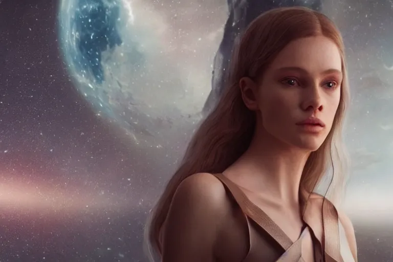 Image similar to VFX movie of a futuristic space woman model gorgeous portrait in inhuman future spaceship, beautiful natural skin natural lighting by Emmanuel Lubezki