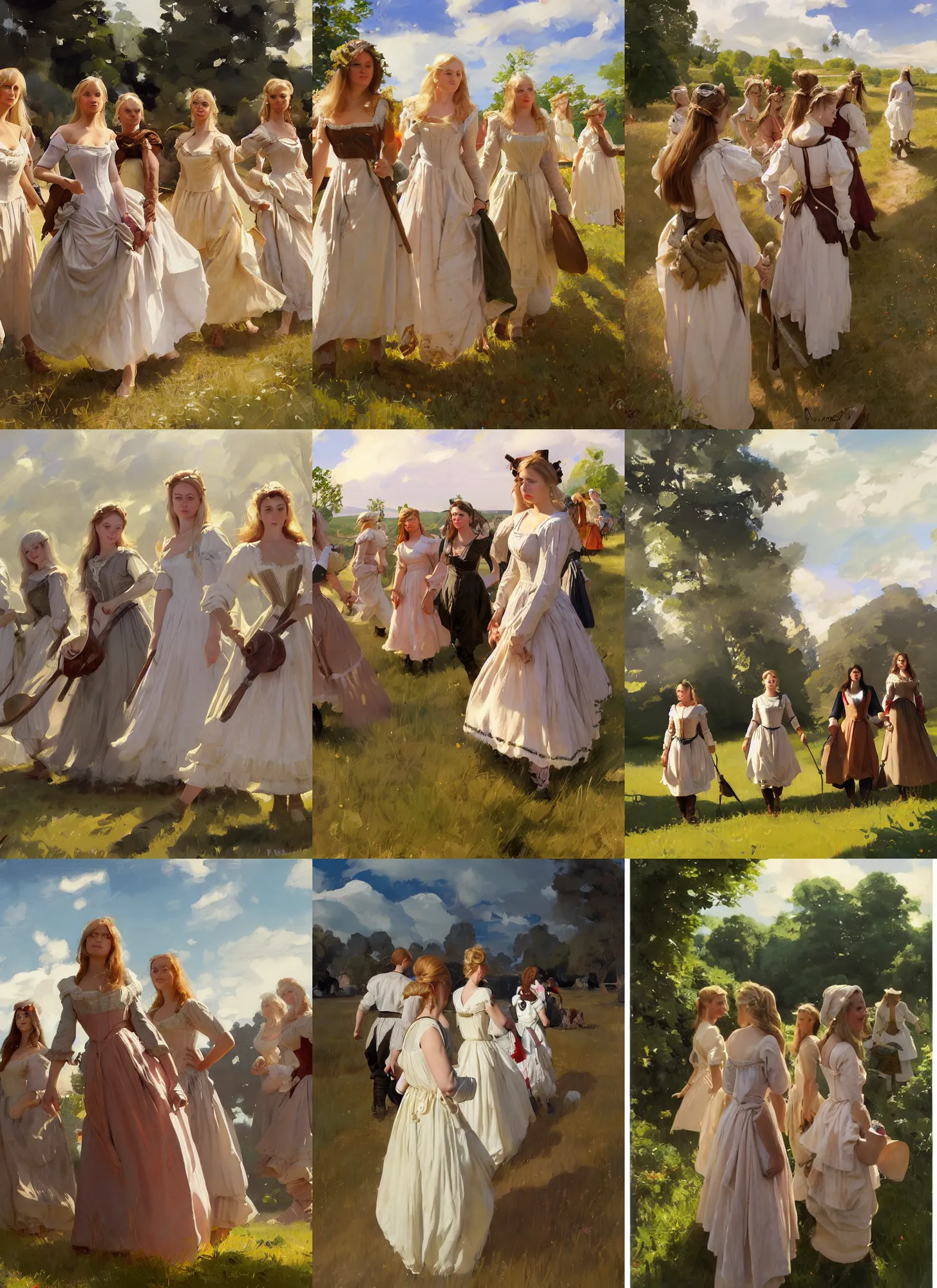 Prompt: a group of finnish norwegian swedish scandinavian attractive glamour models as village maidens wearing 1 7 th century bodice with low neckline walking in the field in a sunny day, jodhpurs greg manchess painting by sargent and leyendecker, studio ghibli fantasy medium shot asymmetrical intricate elegant matte painting illustration hearthstone, by greg rutkowski by greg tocchini by james gilleard