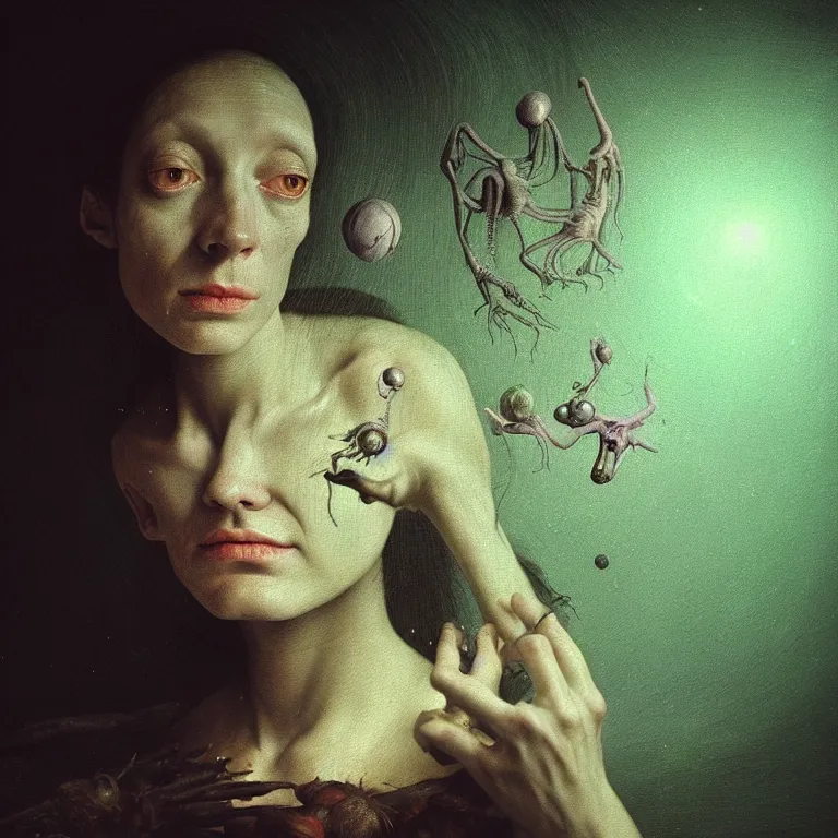 Image similar to beautiful portrait of alien witch by hieronymus bosch, soft grainy bloom lucid dream - like atmosphere, harsh flash photo, baroque portrait painting, perfect composition, detailed octane render trending on artstation, 8 k artistic photography, volumetric cinematic perfect light, chiaroscuro, masterpiece, raphael, caravaggio, beksinski, rutkowski, beeple