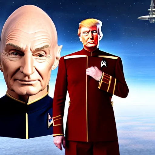 Prompt: portrait of donald trump wearing a starfleet captain's outfit, star trek uniform, dressed like picard, matte painting, extreme detail, trending on artstation, by isaac levitan and asher brown durand,