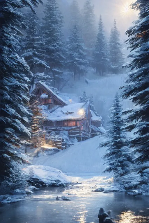 Image similar to snowy cozy mountain lodge by a small river stream in a forrest in canadian mountains in the evening sun, iceicles, by philippe gare, artstation, greg rutkowski