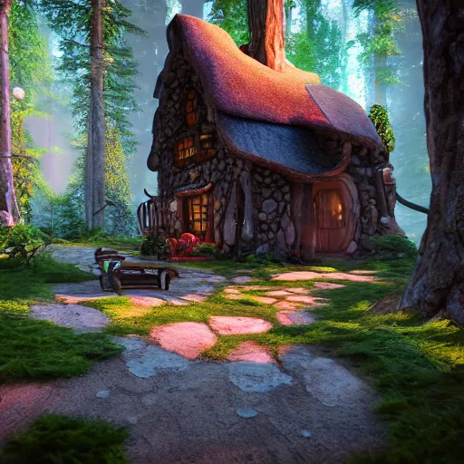 Prompt: elf magical forest cabin with a chimney 8k fantasy Unreal 5 engine